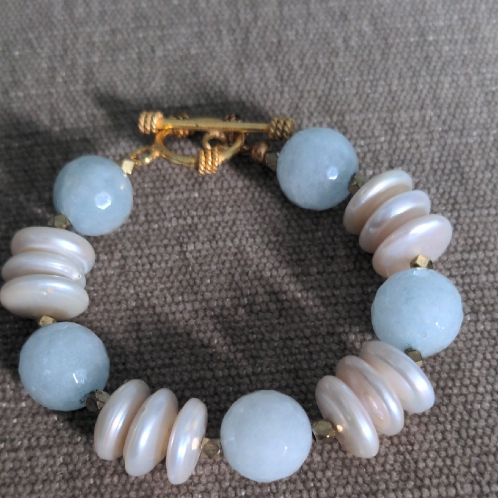 New Blue Aquamarine & Coin Pearl Bracelet, Genuine, Gold Bali Clasp. Unique
